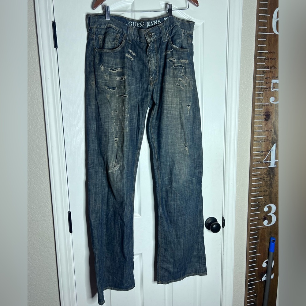 Guess Men's Distressed Blue Jeans 34 Long